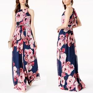 I.N.C International Concepts Floral Print Halter High‎ Neck Tie Back Maxi Dress